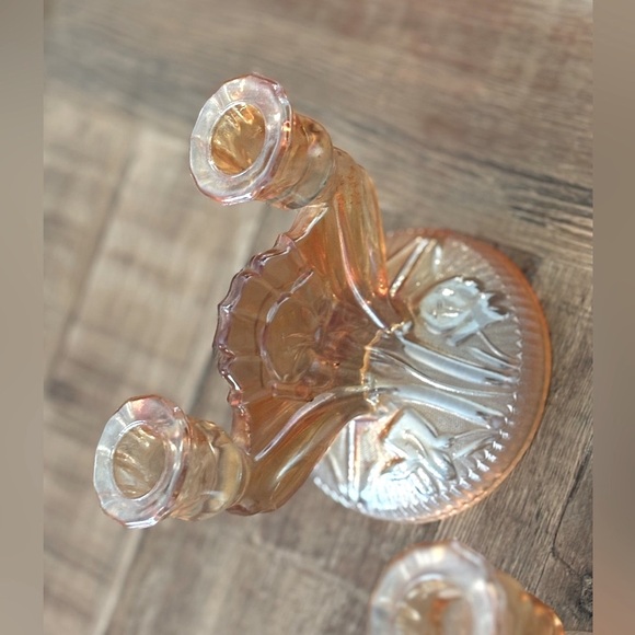 2 Vtg. 50’s Jeanette Marigold Carnival Glass Double Candlesticks Art Nouveau EUC - Picture 5 of 10